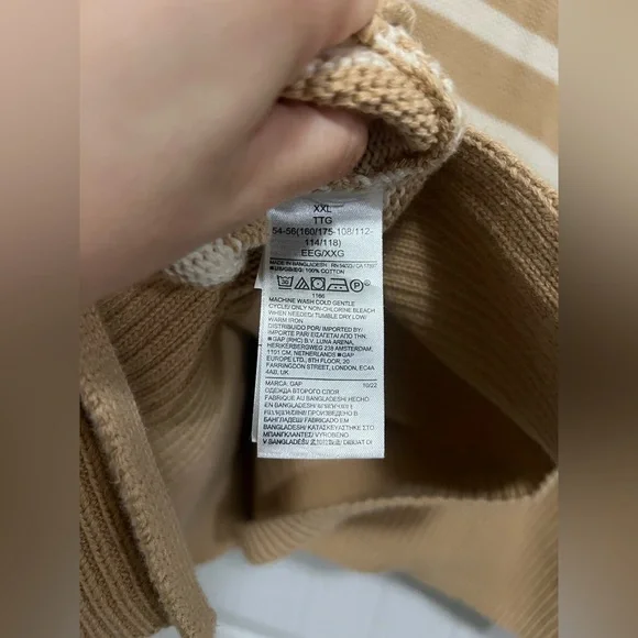 GAP 24/7 Split Hem Turtleneck Sweater 2X Camel Stripe Tan Cream Oversized Chunky - Picture 3 of 8